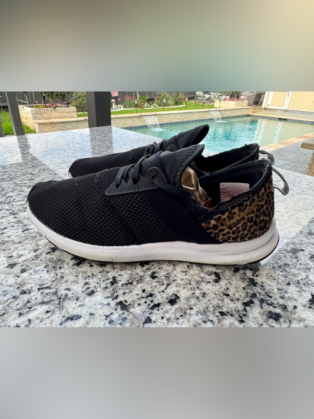 New Balance Black Knit Sneakers with Leopard Heel